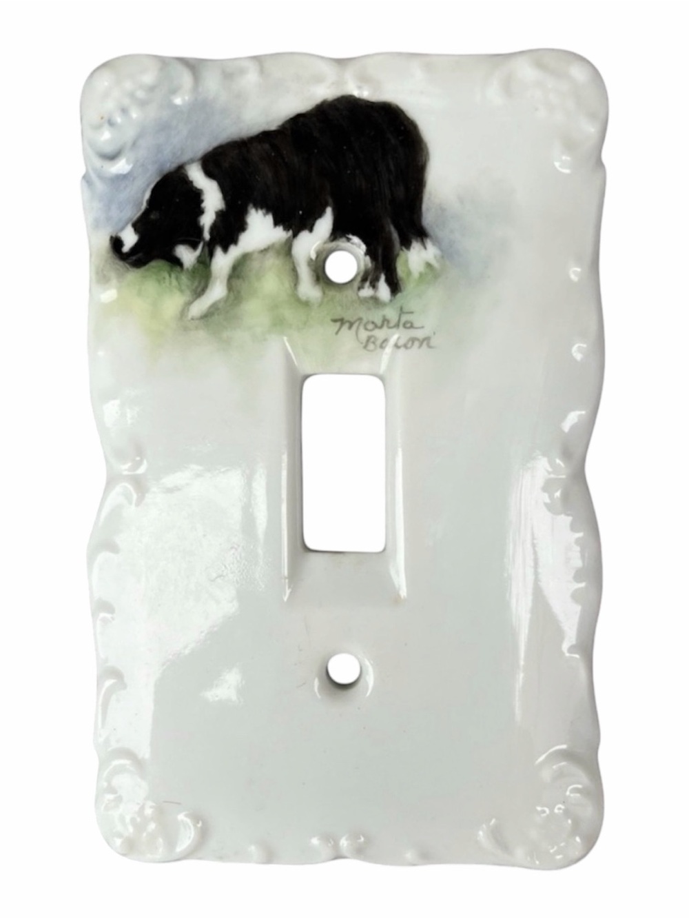 Border Collie White Hand Painted Porcelain Light Switch Cover Herding Dog Home